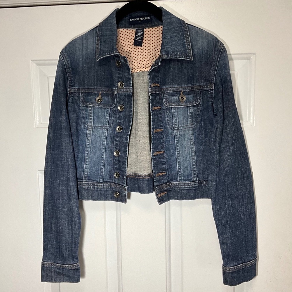 Gap 1969 Women Denim Jacket Small Medium Wash Polka Dot Lining Stretch Jean Coat